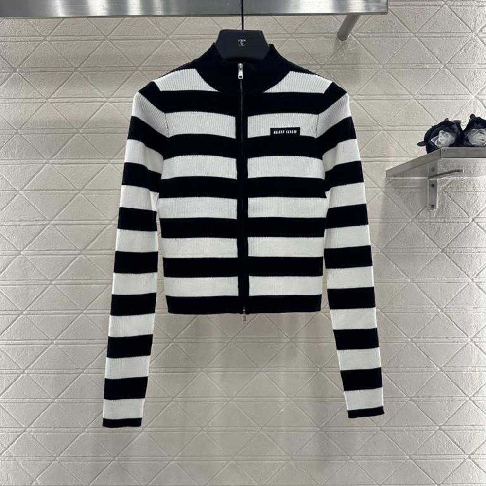 Miu Miu Black and White Striped Bomber Jacket